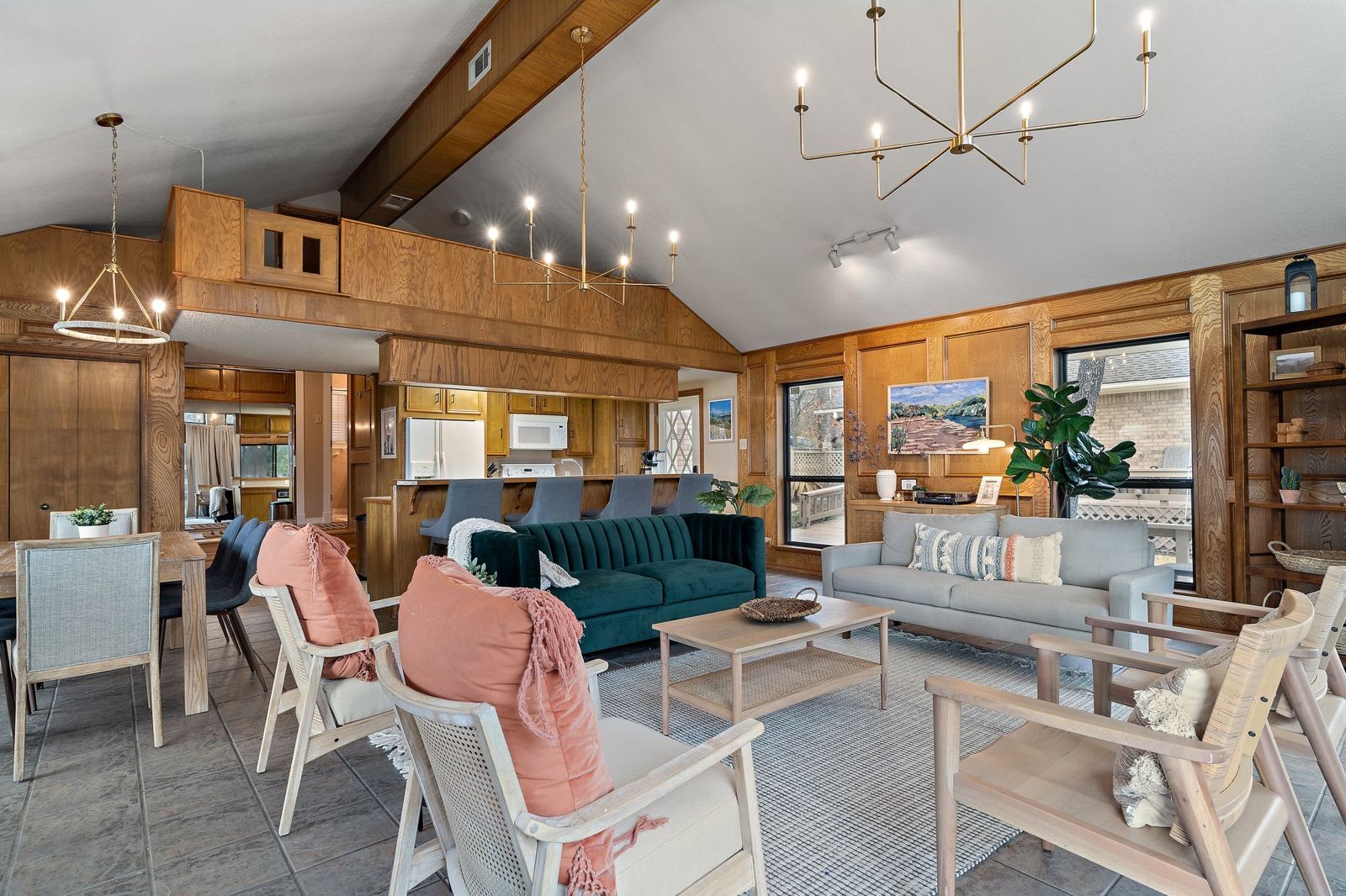Great room with original solid wood paneling