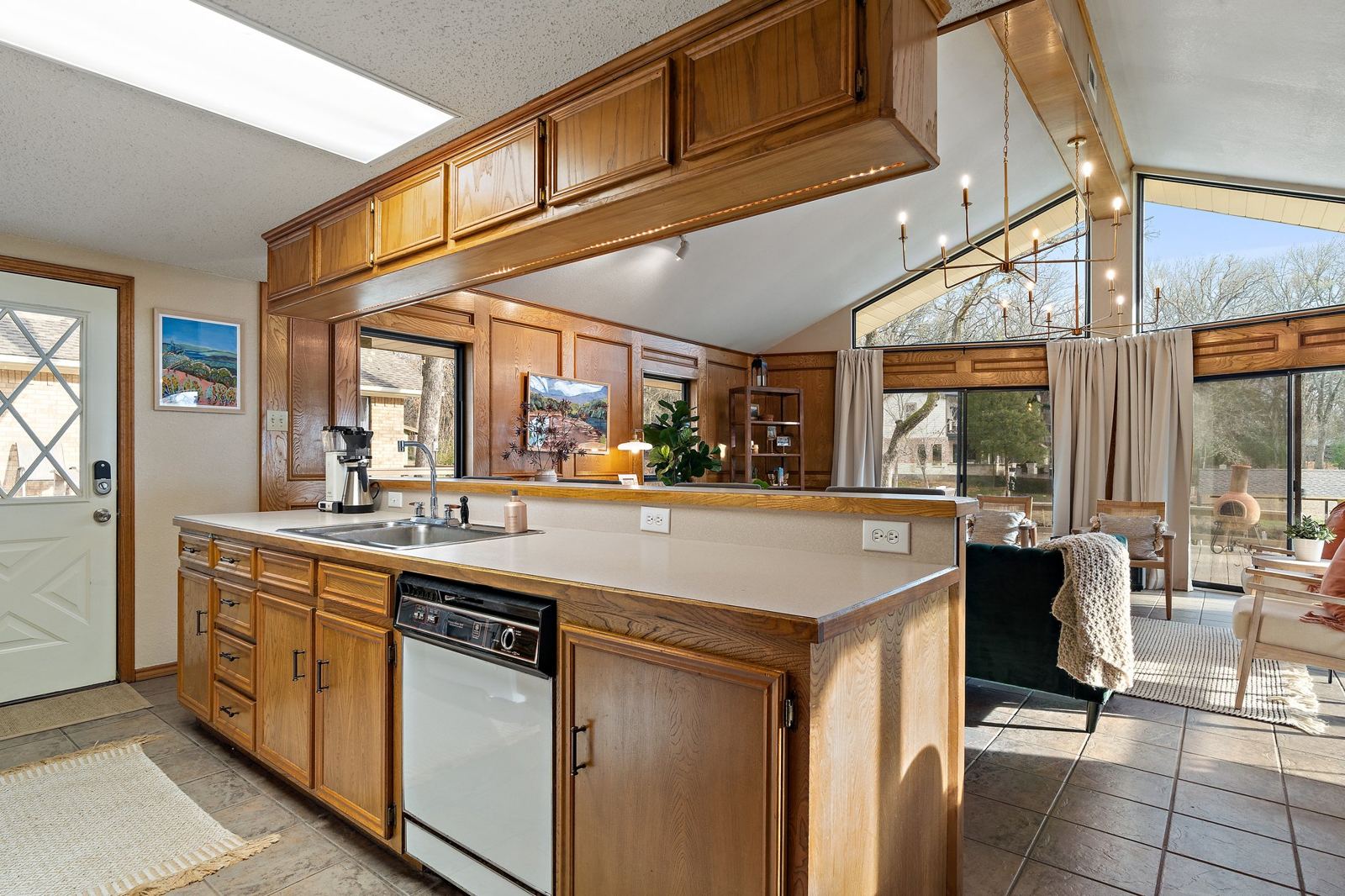 Kitchen with island seating and lake views